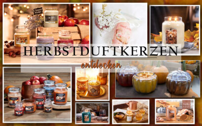 Eine Collage aus verschiedenen Duftkerzen für den Herbst, die Marken auf dem Bild sind Candle-Lite, Yankee Candle, Goose Creek Candle, Bath And Body Works sowie JuwelKerze und Village Candle.