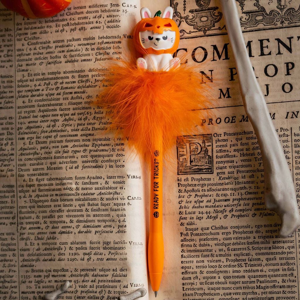 Legami Writing is Magic leuchtender Gelstift Bunny Oranger Stift, zotteliges Orange-Accessoire, kleine Katzenfigur, Kürbis-Oberteil, Schreibgerät