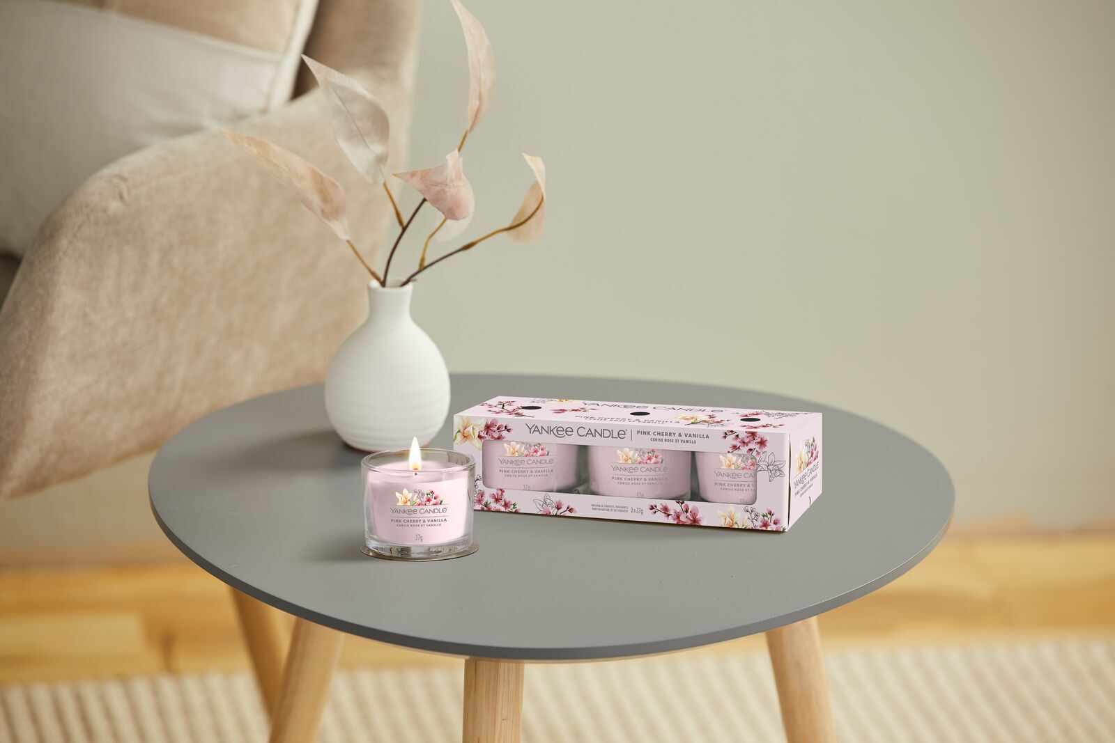 Pink Cherry & Vanilla 37g Glasvotivkerze 3er Pack