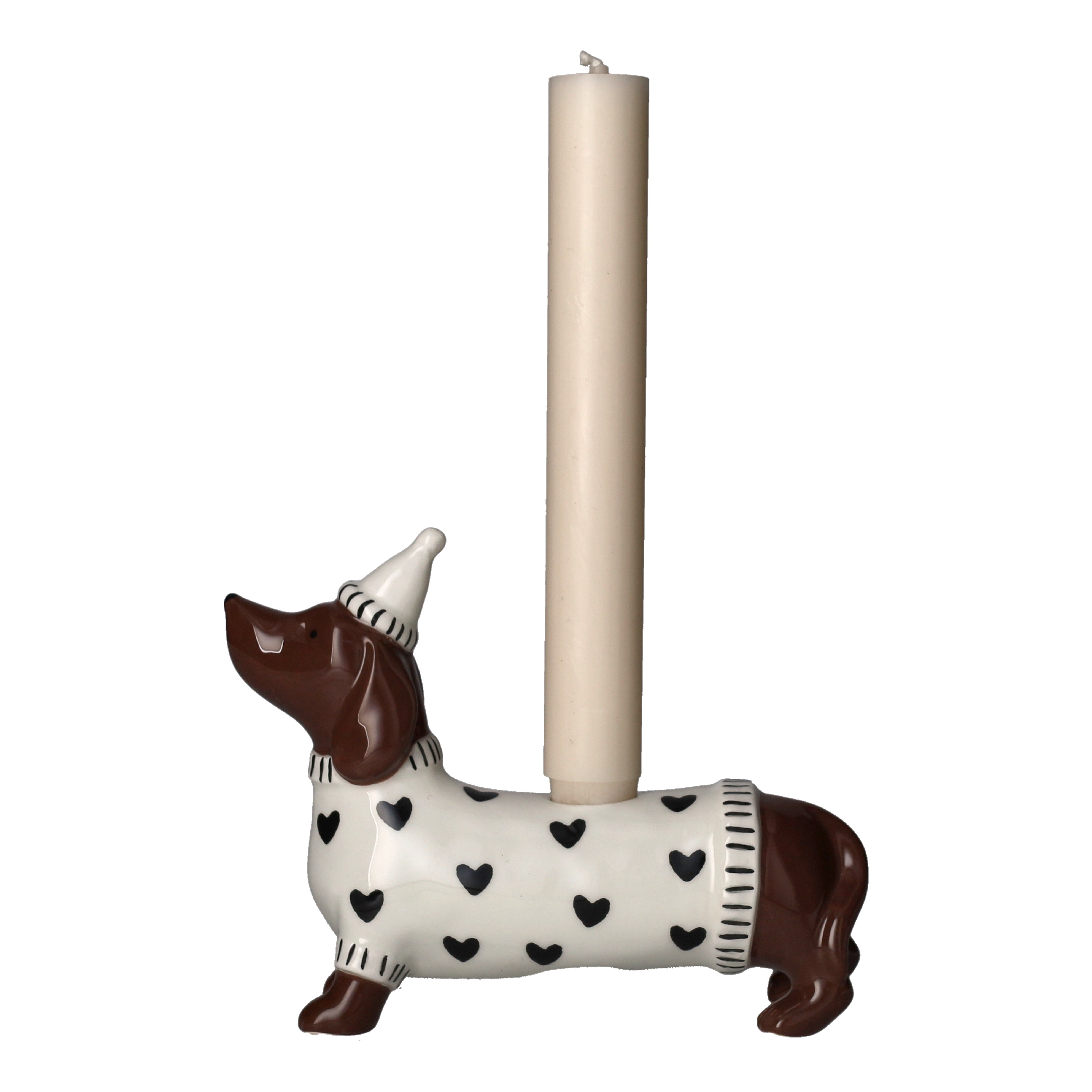 Mignon Kerzenhalter Dackel mit Mütze weiß 16,8x6,5x12,8cm Kerzenhalter, Hundestatuette, Keramik, Weiß mit Herzen, großer Kerzenhalter