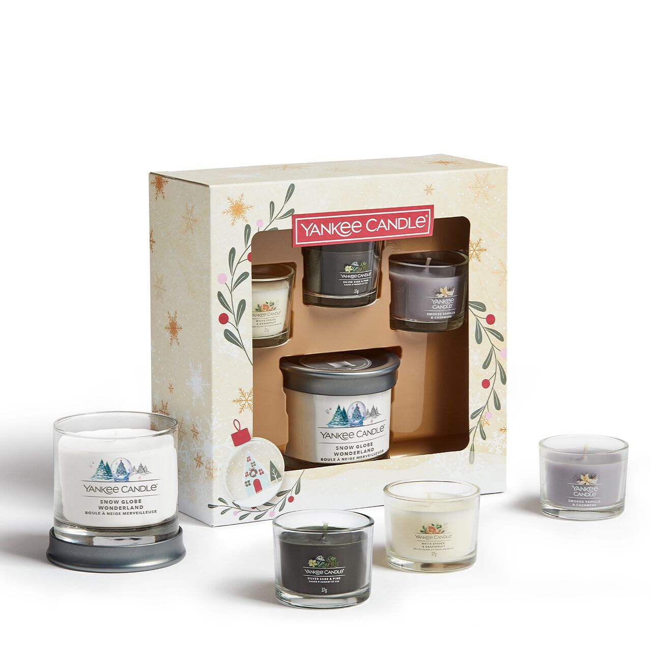 3 Glasvotivkerzen à 37g & kleiner Tumbler Geschenkset Weihnachten Snow Globe Wonderland