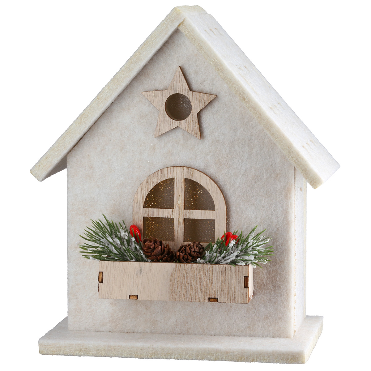 Lichthaus Amata Herzmotiv beige Dekohaus, Weihnachtsdeko, Holz, Fensterbank, Sterne-Deko