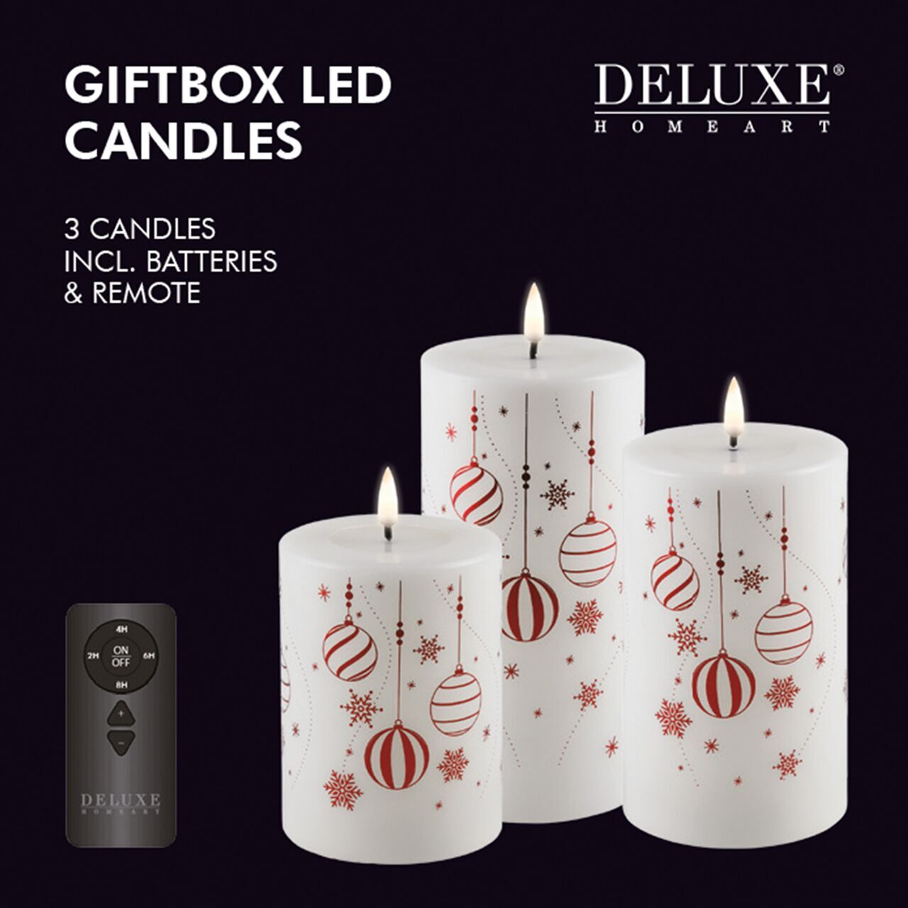 rot Weihnachts-Giftbox Stumpenkerzen LED weiß/rot mit Aufdruck und Diode