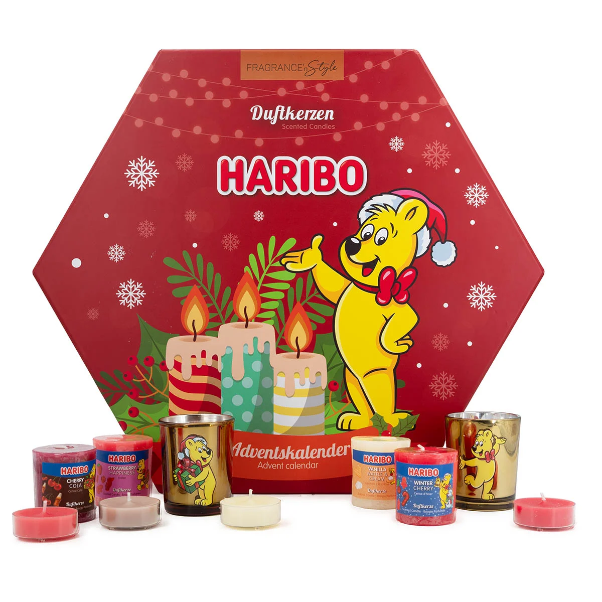 Haribo™ Adventskalender mit Teelichtern und Votiven Adventskalender, Duftkerzen, Haribo, Kerzen, Weihnachten