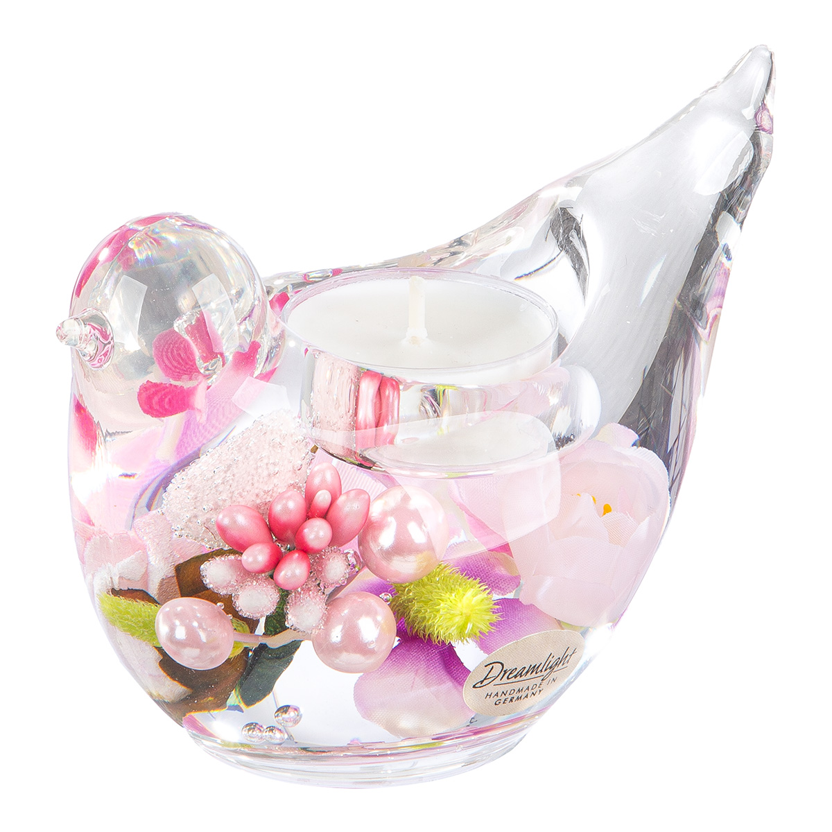 Dreamlight Teelichtleuchter Vogel - Pink Love Teelichthalter, Kerzenhalter, Glas, Deko-Objekt, Blütendesign