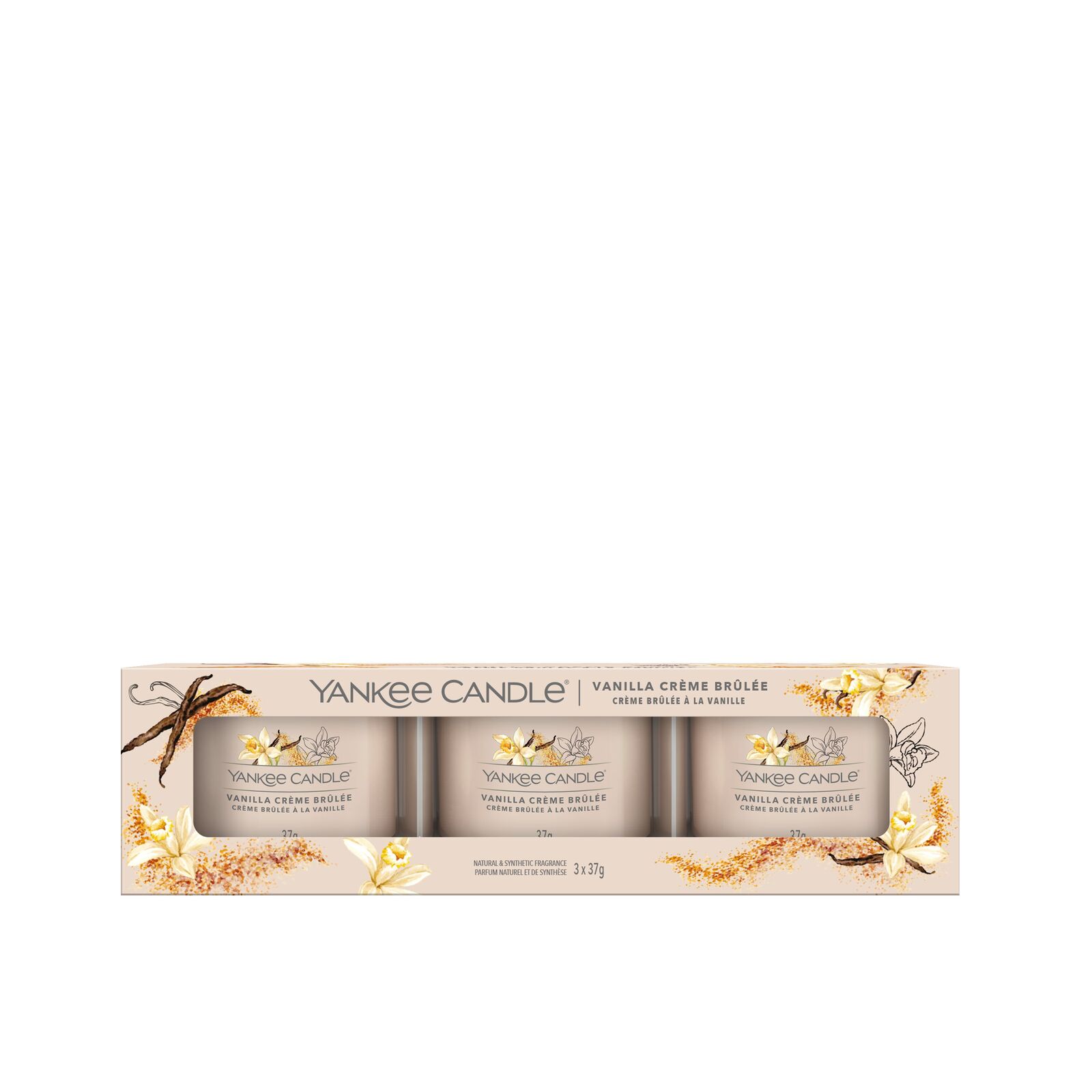 Vanilla Creme Brulee 37g Glasvotivkerze 3er Pack