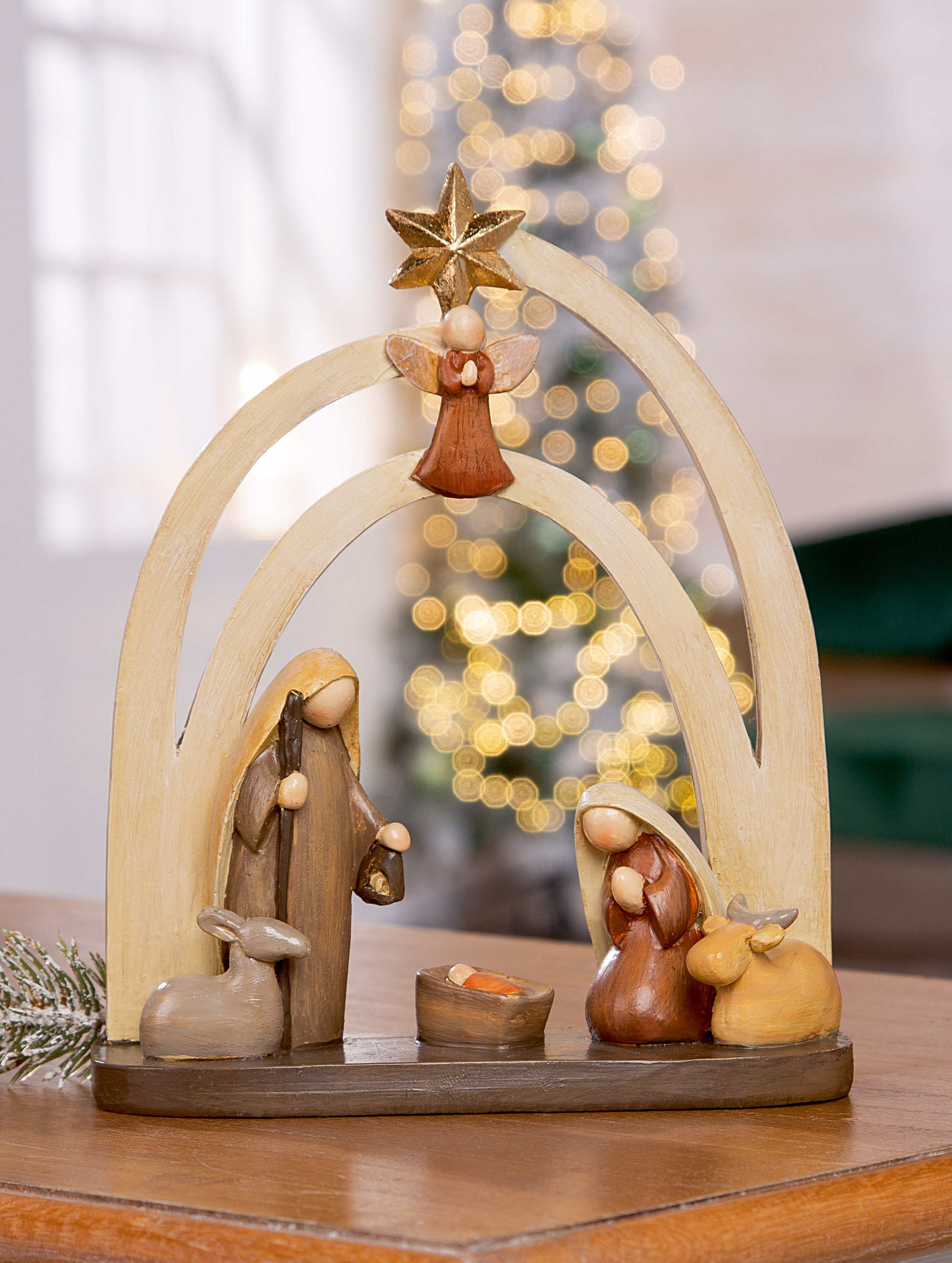 Dekofigur Krippe Heilige Familie Krippenfigur, Holzkrippe, Weihnachtsdeko, Stern, Engel