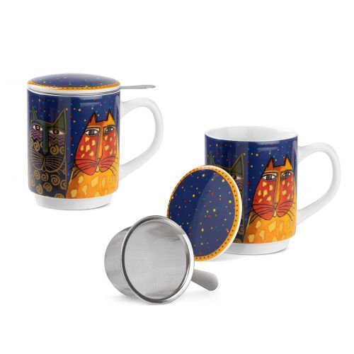 Teetassen-Set mit Deckel und Teesieb - Fantastic Felines blau Pokal, Töpferei, Kunst, Porzellan