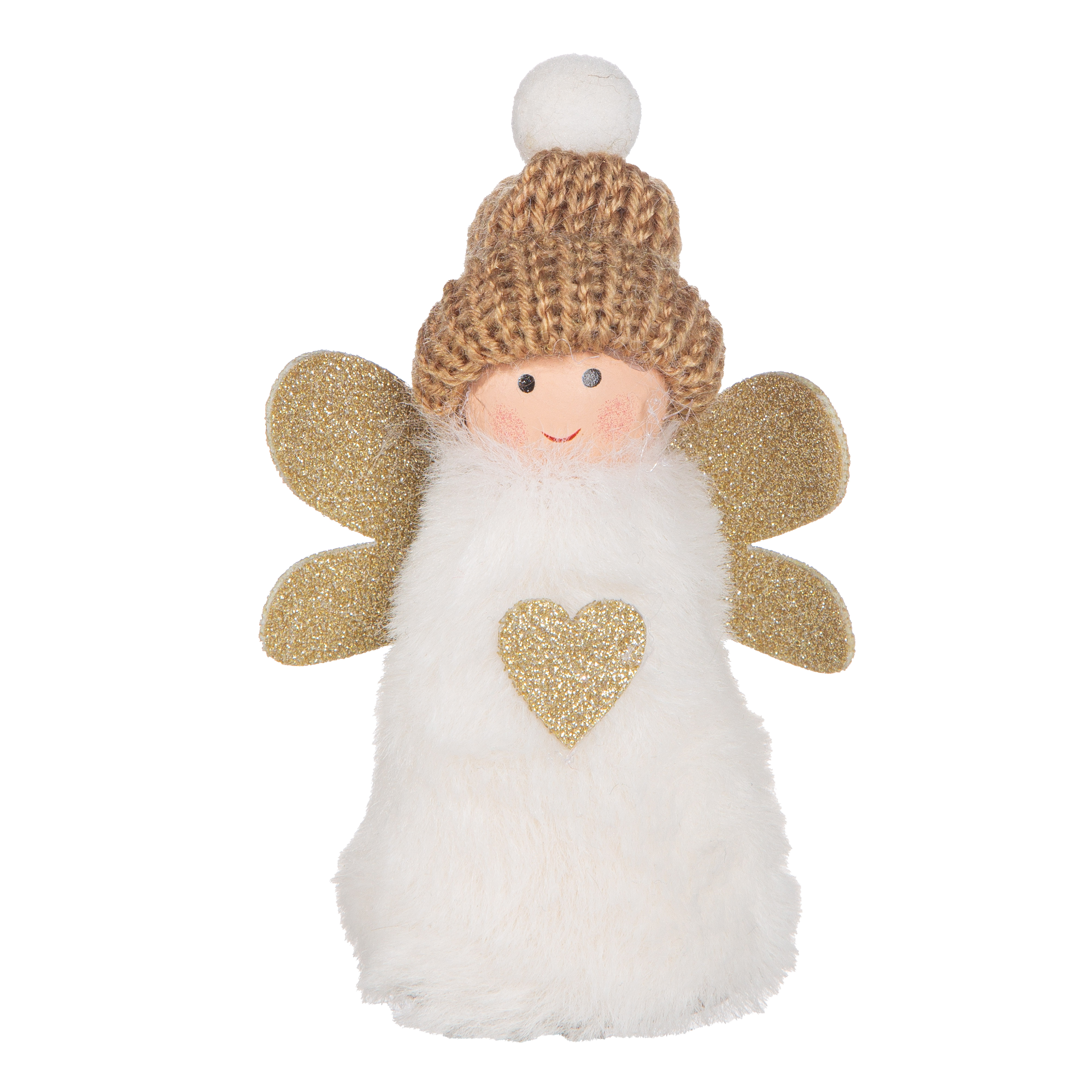 Dekofigur Engel Eli Herzmotiv gold Engel, Weihnachtsdeko, GoldeneFlügel, Herzdekoration, Plüschfigur