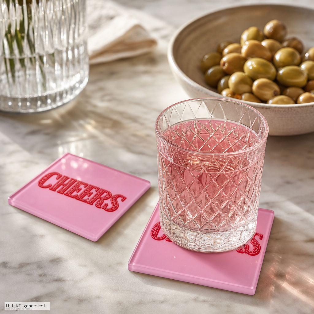 Love Tiles Untersetzer mit Motiv Cheers in Rosa 11x0,6x11cm glas, Trinkglas, rosa Glas, Schnittmuster-Glas, Untersetzer