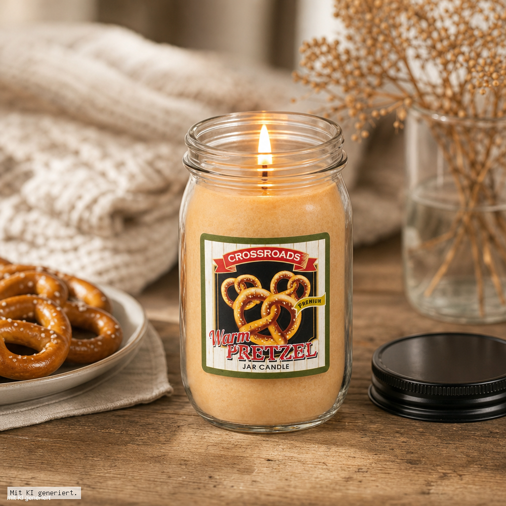 Warm Pretzel Duftkerze im Glas 340g Duftkerze, Glasgefäß, beiges Wachs, Brezelmotiv, Schraubdeckel