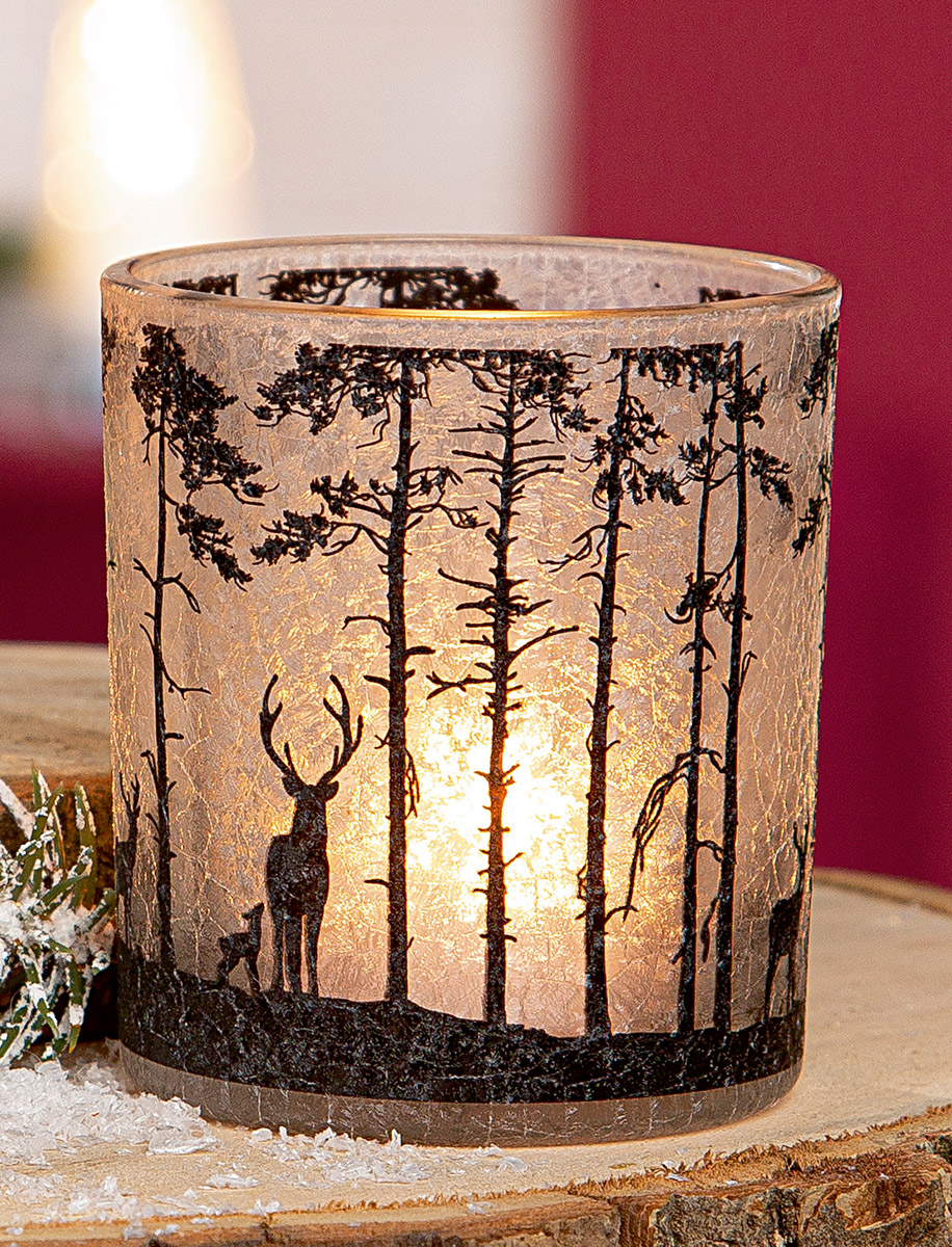 Windlicht Waldesruh 8cm Kerze, Laterne, Waldsilhouette, Dekokerze, Glasschale