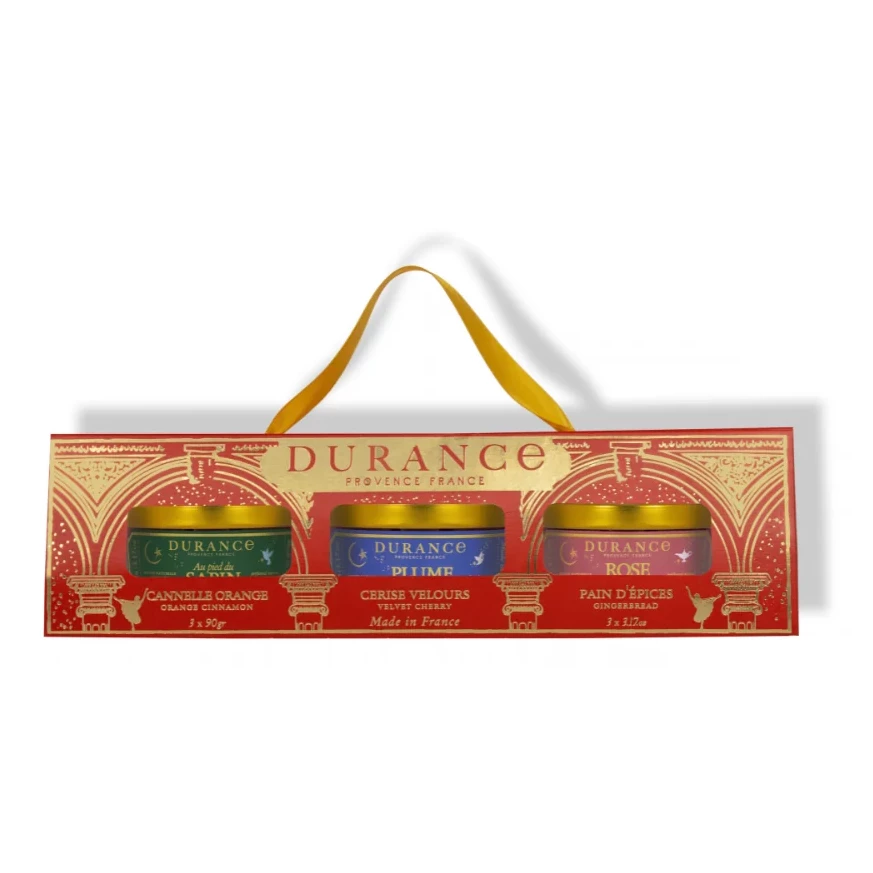 Geschenkset Duftkerzen 3x90g Am Tannenbaum, Ballerina, Edelrose Gourmetset, Geleierte Gläser, Gewürze, Orangen_Cannelle, Durance Geschenkset