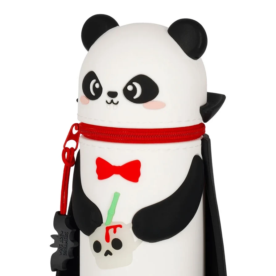 2-in-1-Federmäppchen aus Silikon Panda „Bam-Boo“ - Kawaii Panda, Reißverschluss, Flasche, Trinkhalm, Stoffspielzeug
