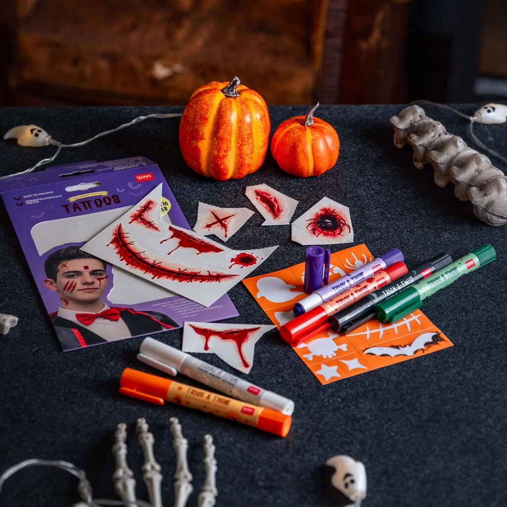 halloween-tattoo, kleben-tatoos, marker-stifte, pumpkin-deko, grusel-deko
