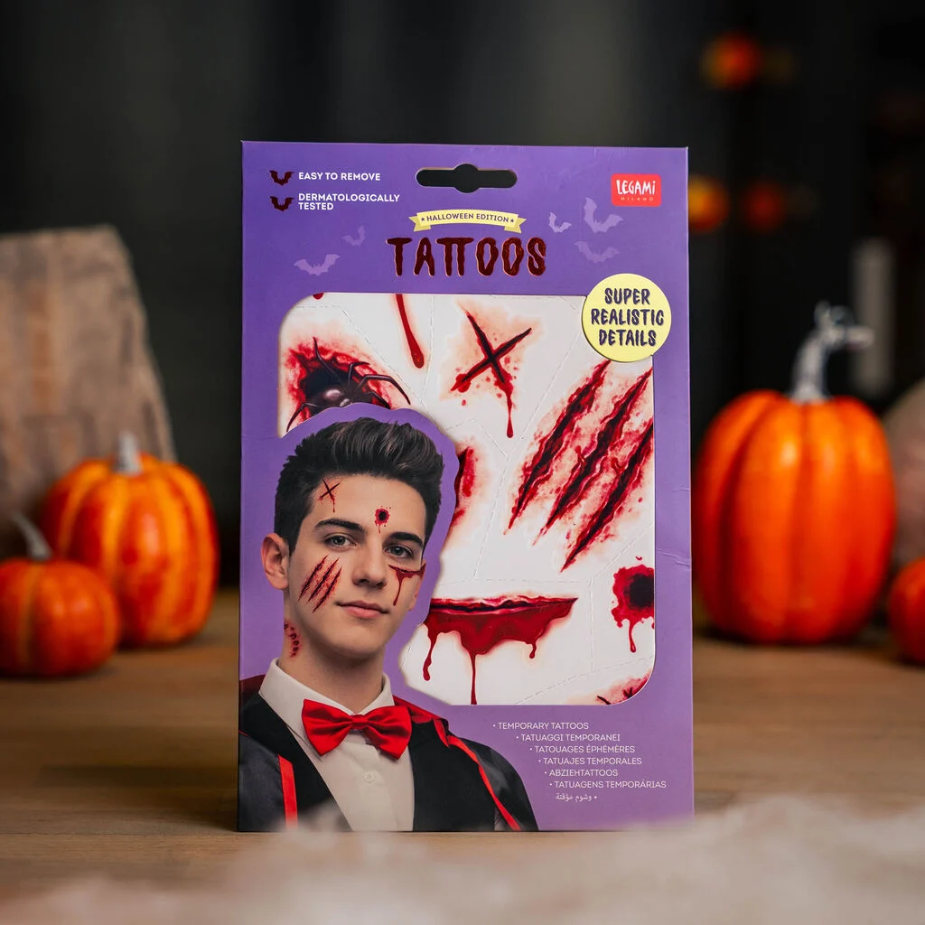 Halloween, Temporary tattoos, Face tattoos, Boy model, Purple packaging