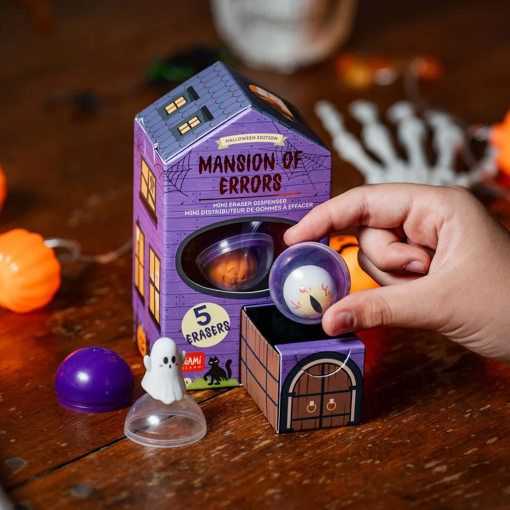 Legami Mini-Radiergummispender Mansion of Errors Minieraser, Halloween Edition, Mansion of Errors, eraser set, lila box