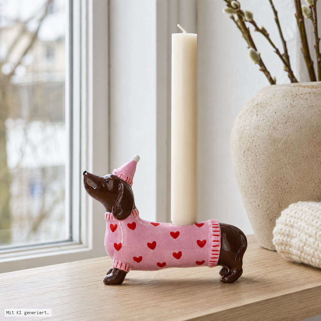 Mignon, Kerzenhalter Dackel mit Mütze, rosa Deko-Licht, Hund Figur, Kerzenhalter, Pullover-Muster, Rosa, Herz Muster