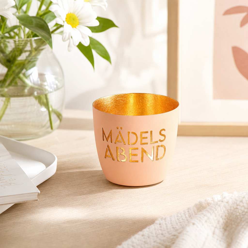 Madras Windlicht M Motiv Mädelsabend pastellorange/gold kerzen, becher, rosa, gold, text