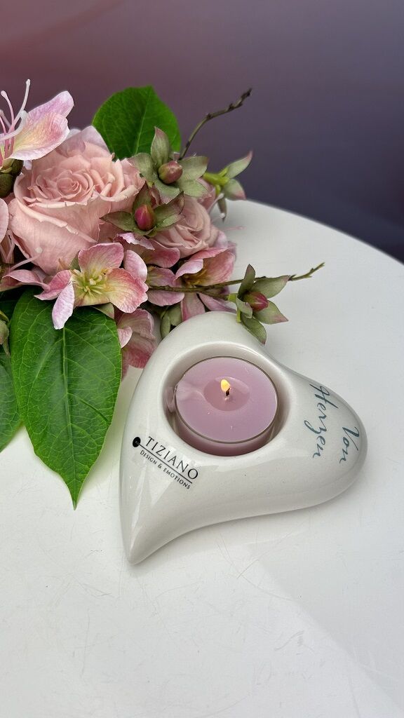 Teelichthalter Herz Amore 9,5cm cremeweiß Blume, Pflanze, Rose, Blütenblatt, Töpferei