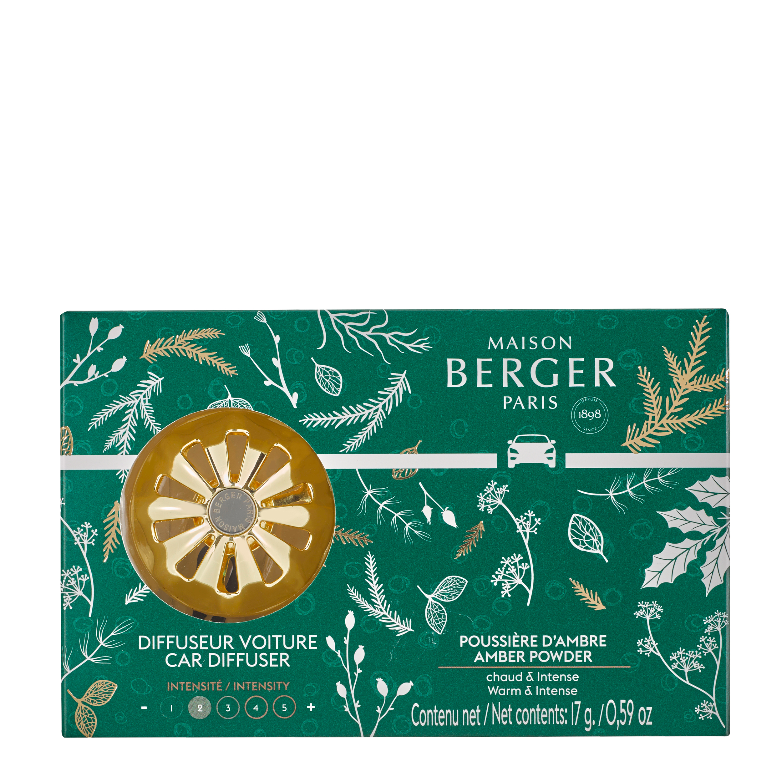 Pudriger Amber - Magical Autoduft Set Auto-Diffusor, Amberpulver, Goldenes Ornament, Grüne Verpackung, Maison Berger Paris