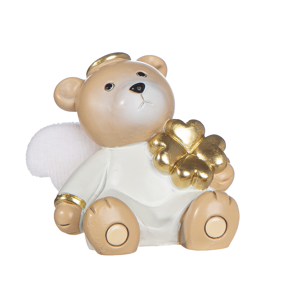 Dekofigur Bär Milo Kleeblatt stehend teddy bear, engels taT, goldenes herz, weißes kleid, niedlicher plüsch