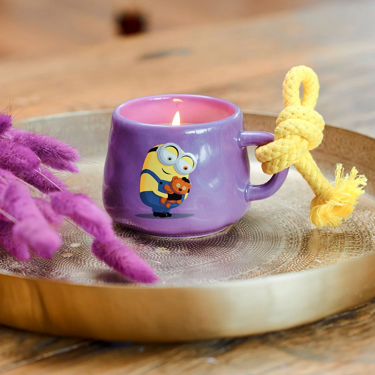 Mug, Teelicht, lila Becher, Minion-Becher, Seilknoten-Griff