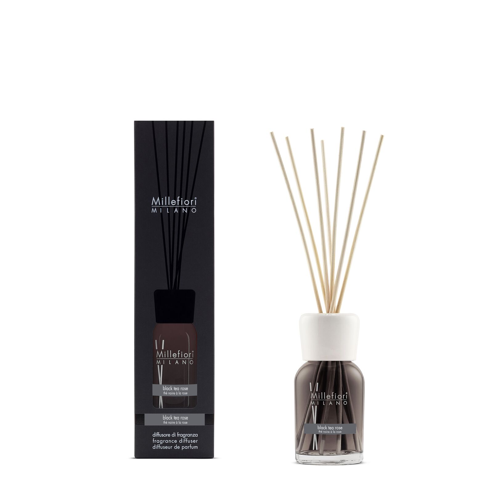 7MDBT_Millefiori-Milano_Reed-Diffuser-100ml_Product-and-Pack_Black-Tea-Rose Black Tea Rose - Milano Reed Diffuser 100ml