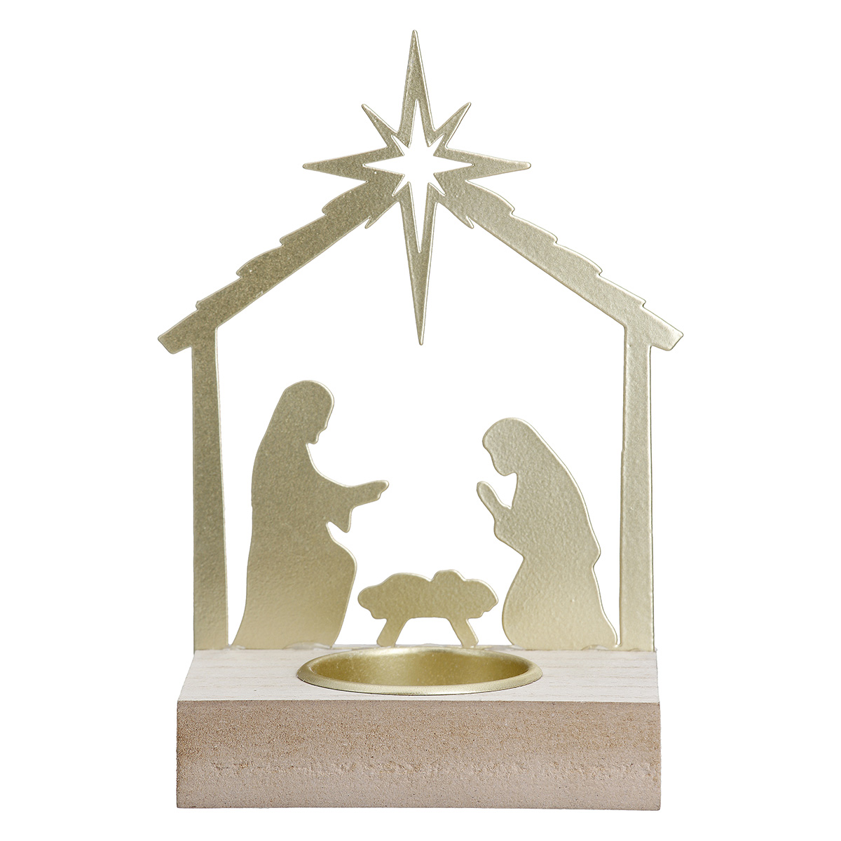 Teelichthalter Krippe gold 9cm Krippenfigur, Weihnachtskrippe, Holzfigur, Goldene Silhouette, Nativity Scene