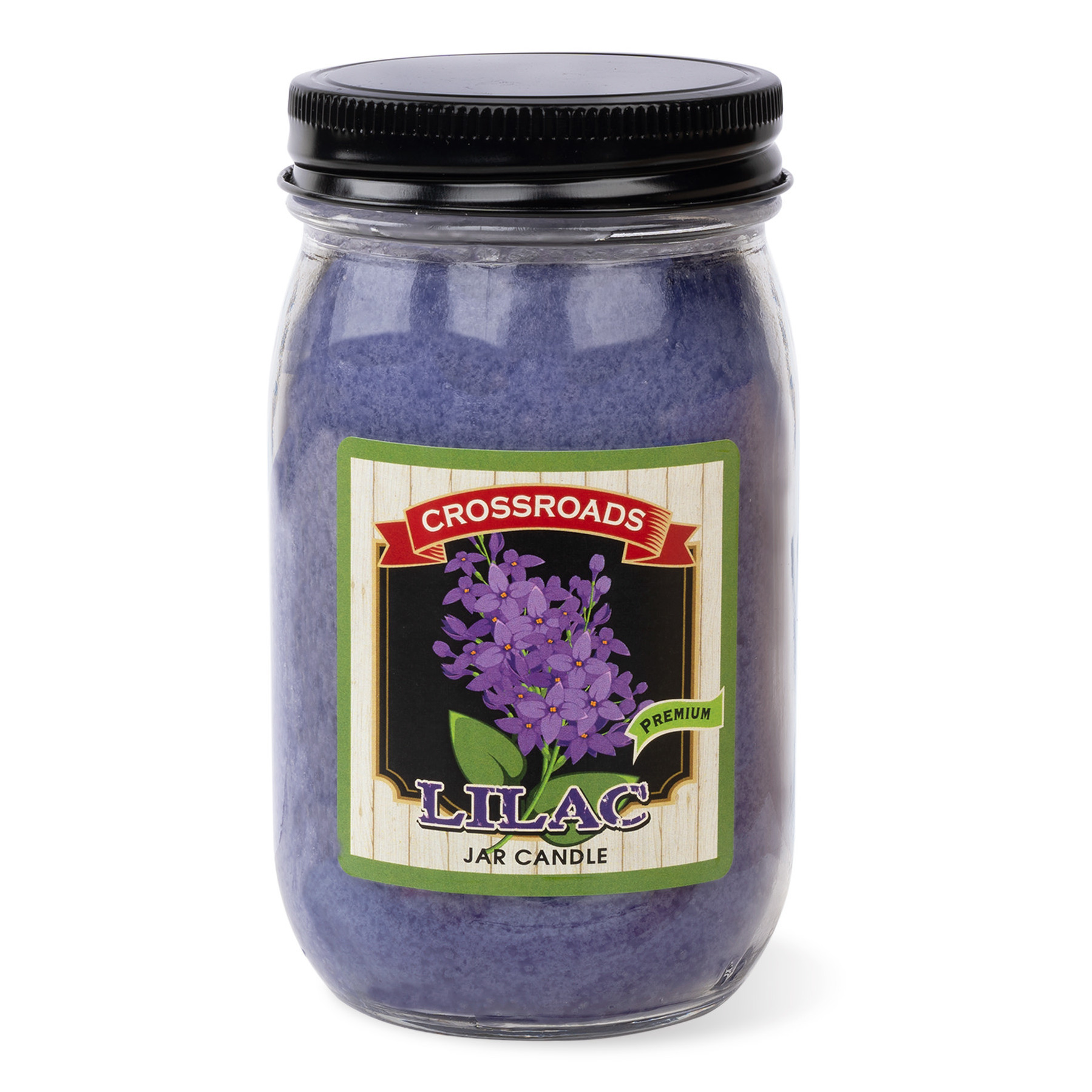 Crossroads Lilac Duftkerze im Glas 340g Duftkerze, Glasgefäß, lila Wachs, schwarzer Deckel, Fliedermotiv
