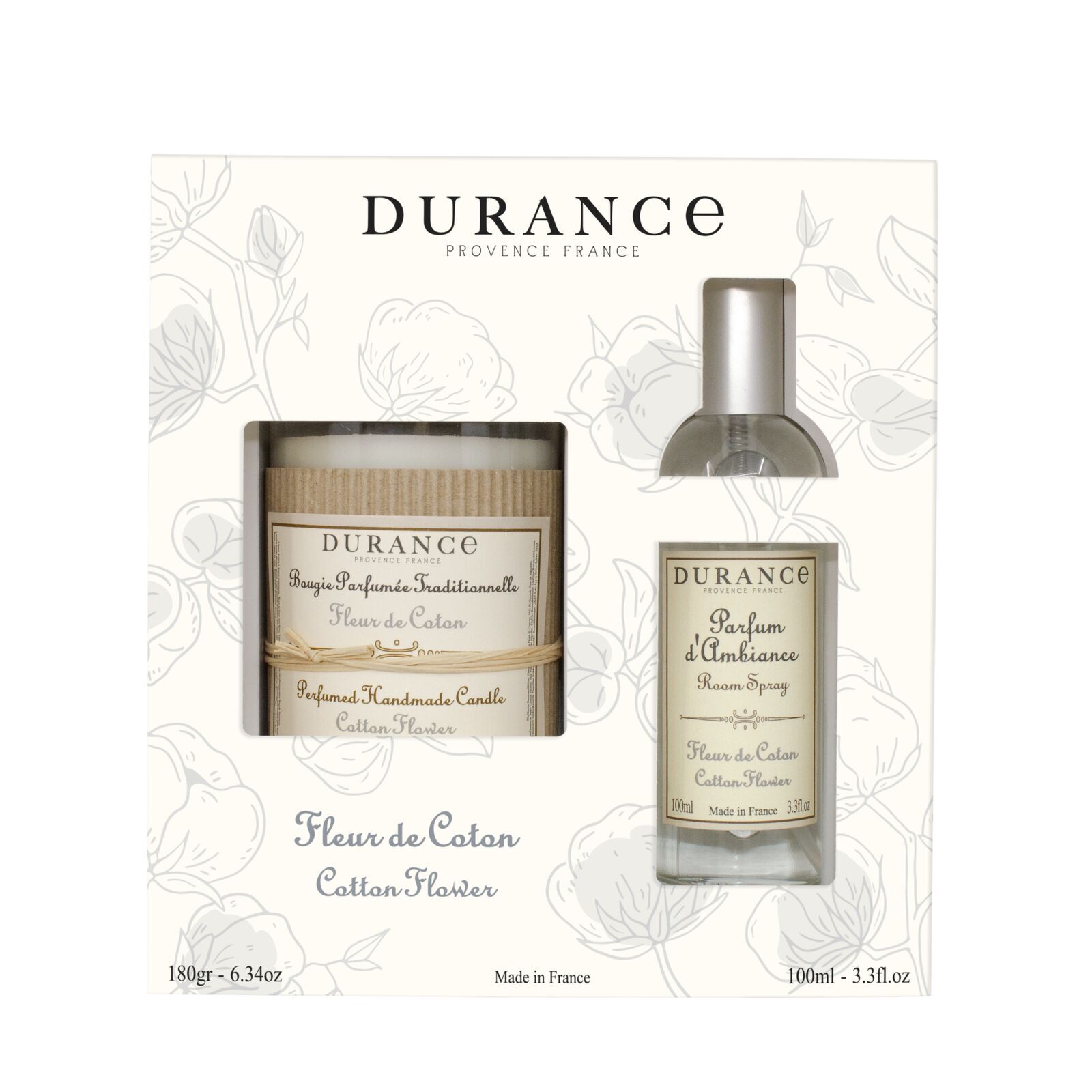 Baumwollblüte Duftkerze 180g & Raumspray 100ml Flasche