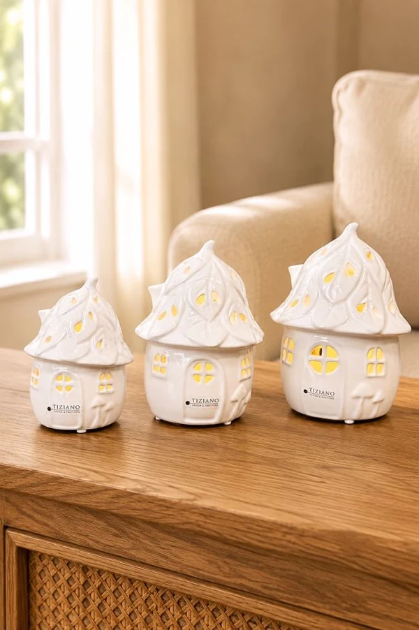 Porzellanhäuschen, Deko-Glasstein, Lichterhaus, Haus-Lampe, Kerzenhalter