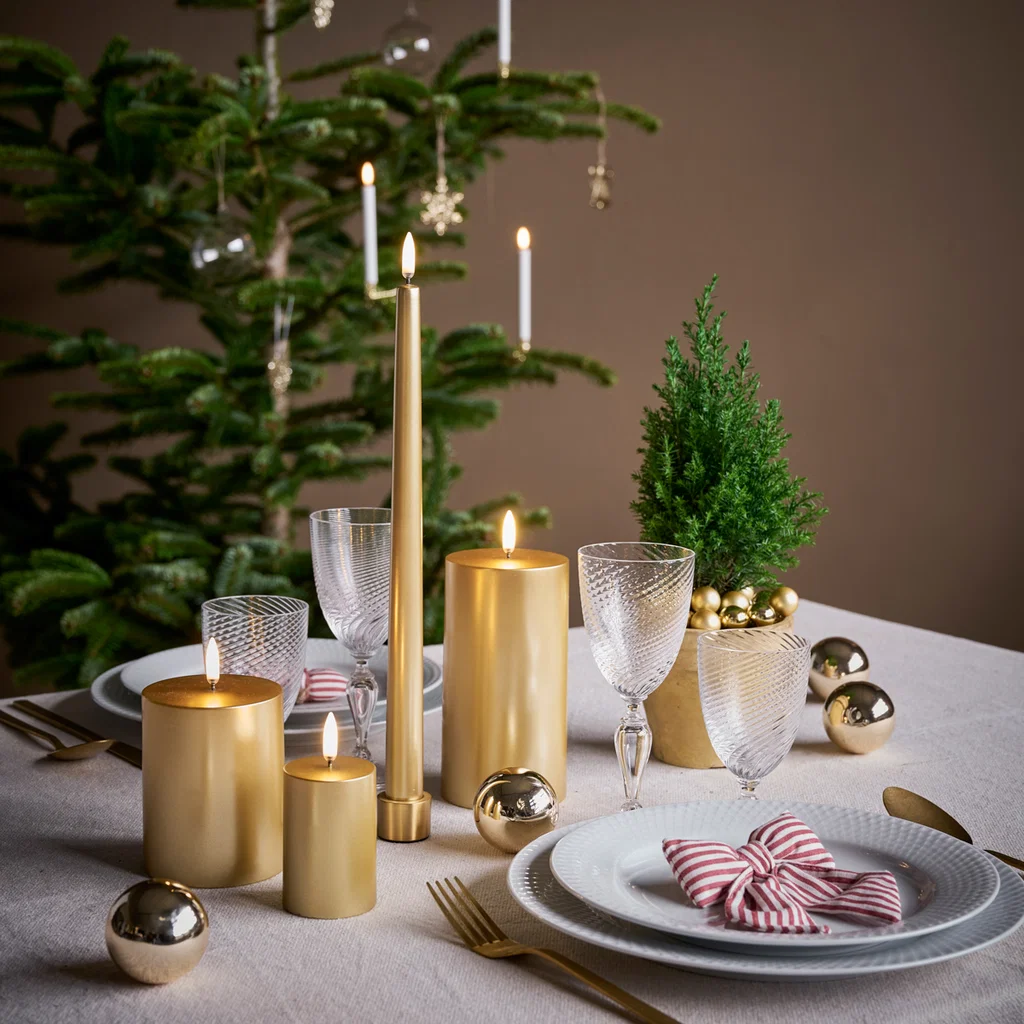Weihnachtsdeko, Tischdeko, Goldene Kerzen, Kandelaber, Tischdeko-Grün