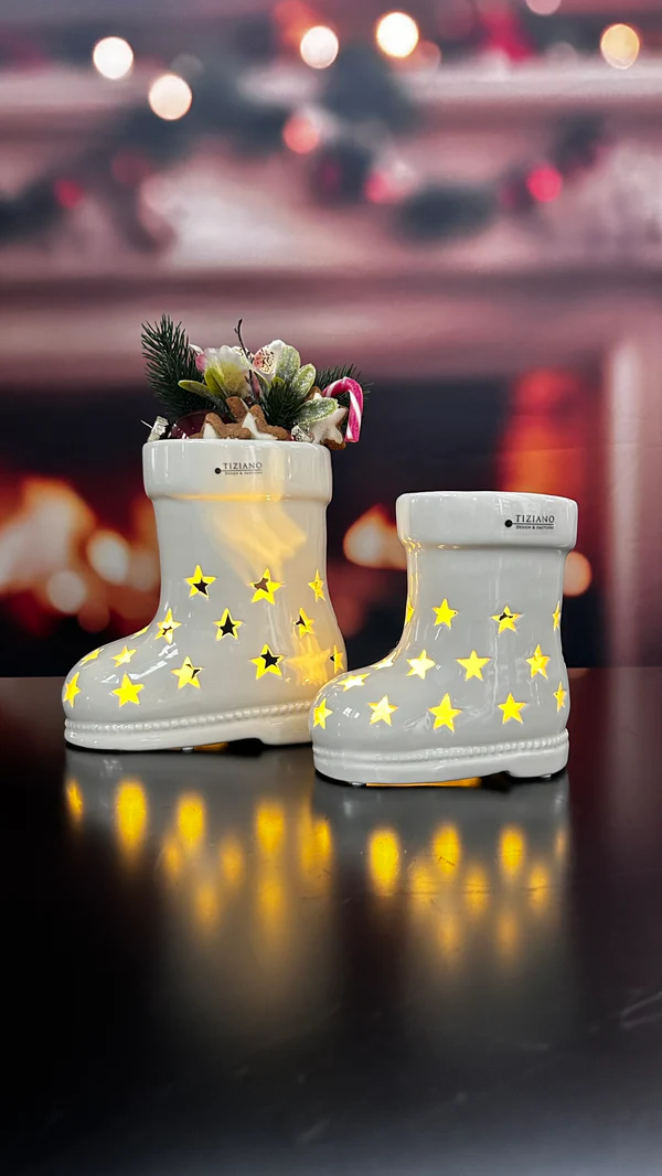 Deko Stiefel Santa LED 15cm cremeweiß