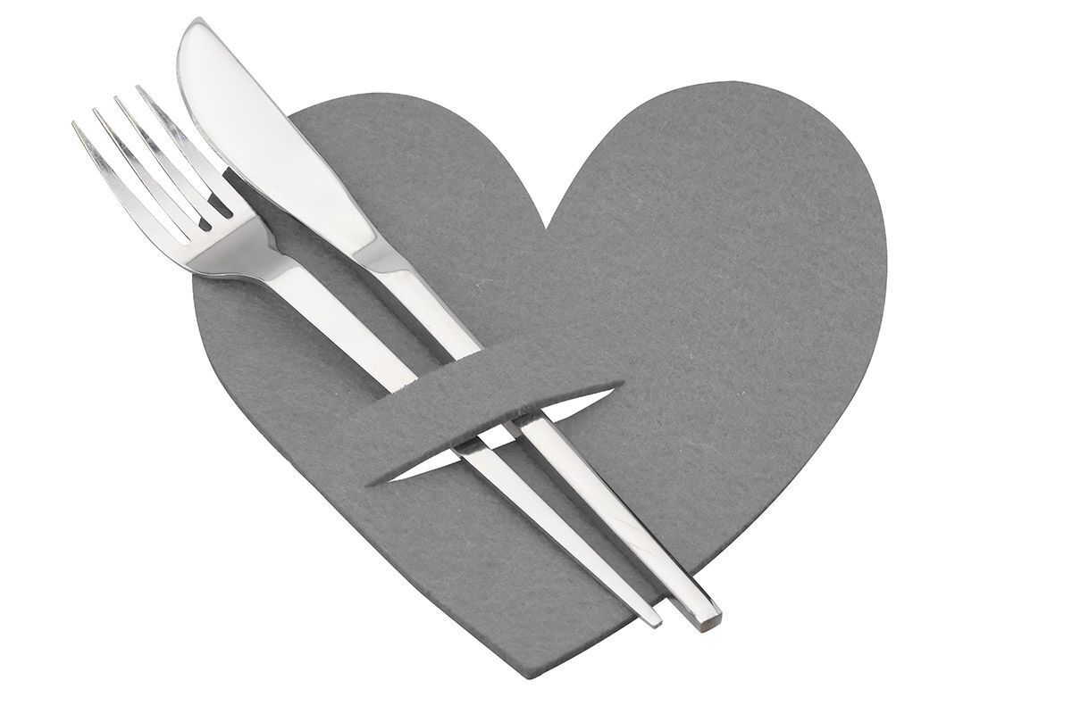 Bestecktasche Herz Filz hellgrau Besteck, Gabel