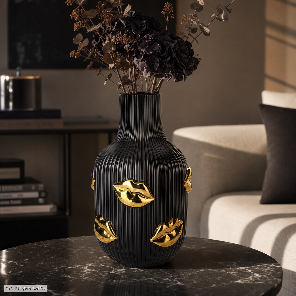 L´amour Vase mit goldenen Lippen, schwarz, 30cm Höhe vase, blumen, goldene akzente, moderner dekoration, tischvase