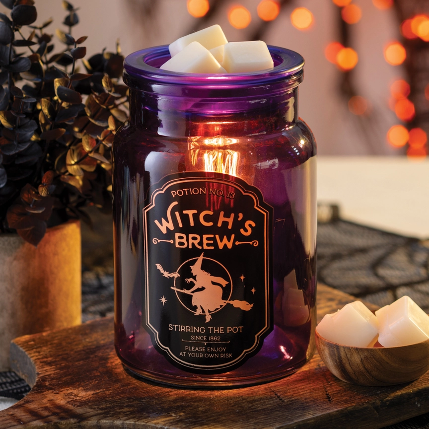 Witch's Brew elektrische Duftlampe Duftkerze, Glasgefäß, Violettes Glas, Wachsblöcke, Halloween-Motiv