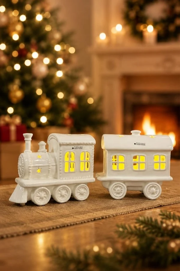Deko Zug Anton 24cm 2tlg cremeweiß Weihnachtszug, Miniaturzug, Lichtfigur, Kerzenlicht, Wohnaccessoire