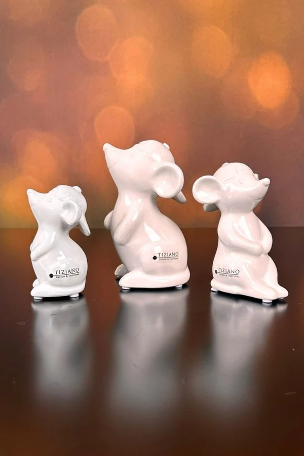Maus Topo mit Mütze 10cm Katzenspielzeug, weiße Skulpturen, Mäusefigur, Tiziano Design, Keramikfigur