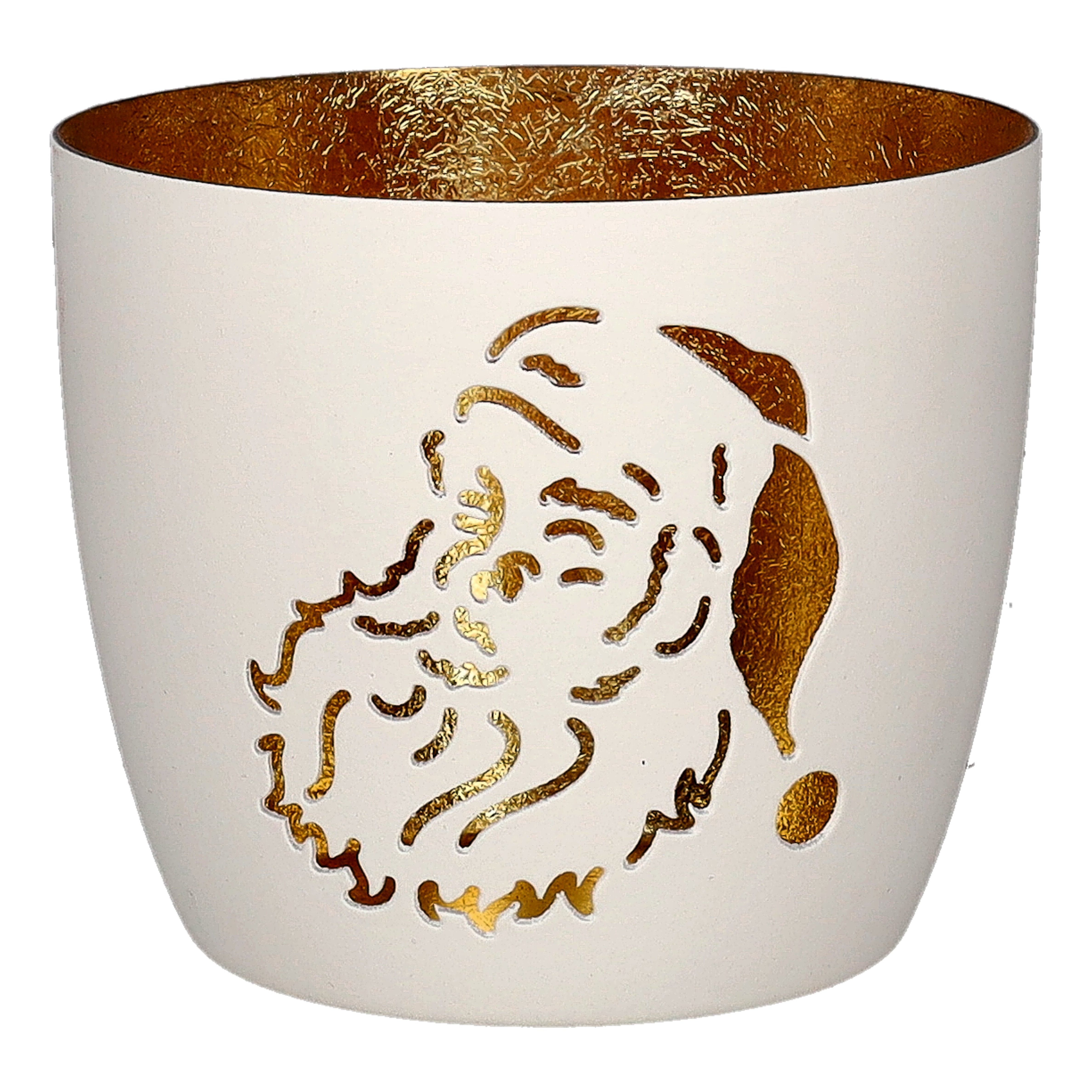 Madras Windlicht M mit Weihnachtsmann-Motiv in Weiß/Gold Kaffeebecher, Weihnachtsmotiv, Goldverzierung, Becher, Weihnachtsgesicht