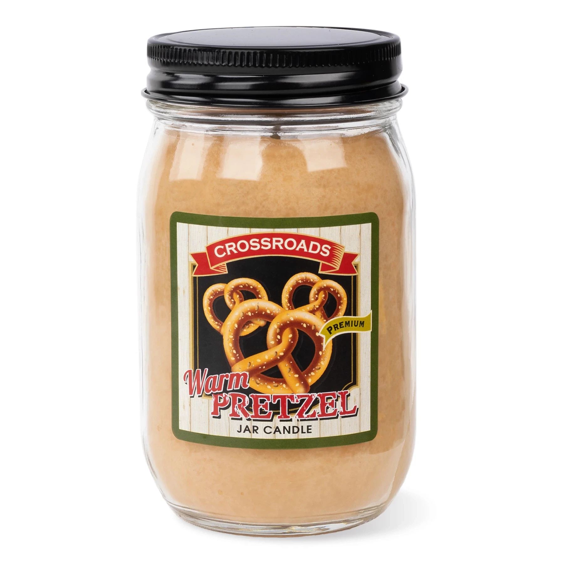 Warm Pretzel Duftkerze im Glas 340g Duftkerze, Glasgefäß, Brezelduft, Beiges Wachs, Schwarzer Deckel