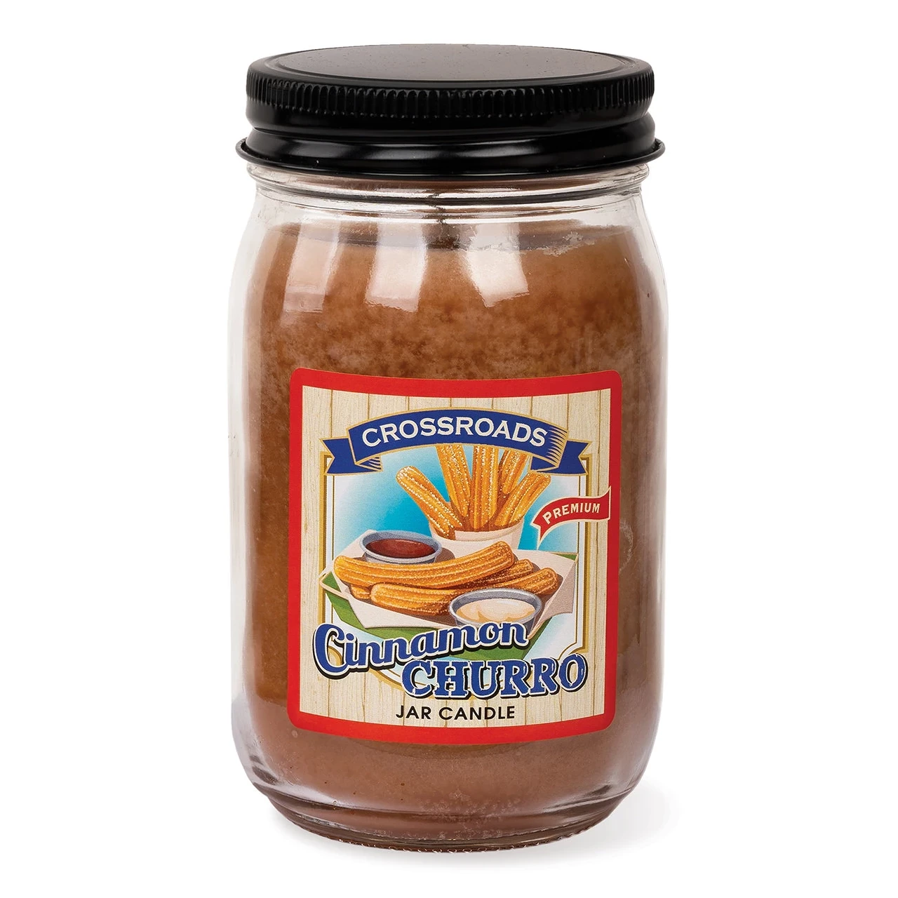 Duftkerze, Glasgefäß, schwarzer Deckel, Zimt-Churro-Duft, braunes Wachs