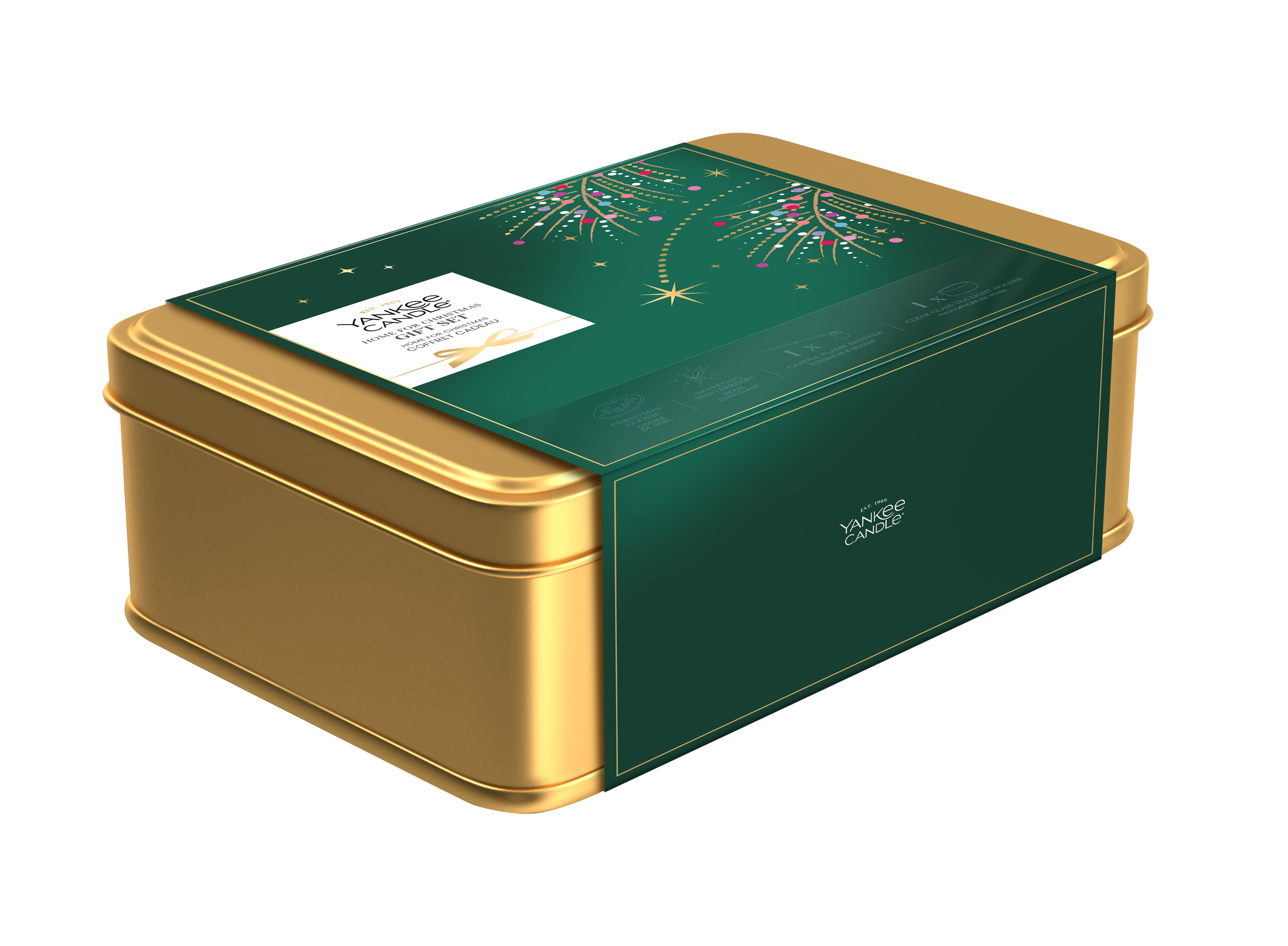 Geschenkbox, Kerzenblech, grüner Deckel, goldene Dose, dekorative Verpackung