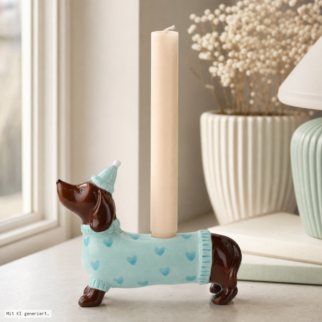 Mignon, Kerzenhalter Dackel mit Mütze, türkis Deko-Objekt, Kerzenhalter, Hund Figur, Ton?, warmer Ton