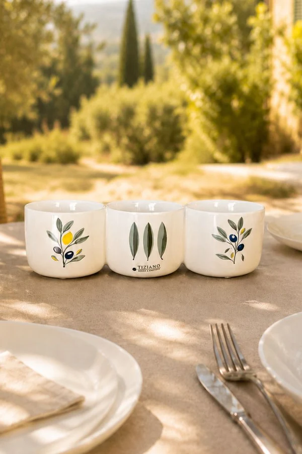 Trio Schale Oleana 25cm cremeweiß Tassen, Ton-auf-Ton-Design, Olivenzweig-Muster, Keramik-Set, Tiziano-Brand? (unsicher)