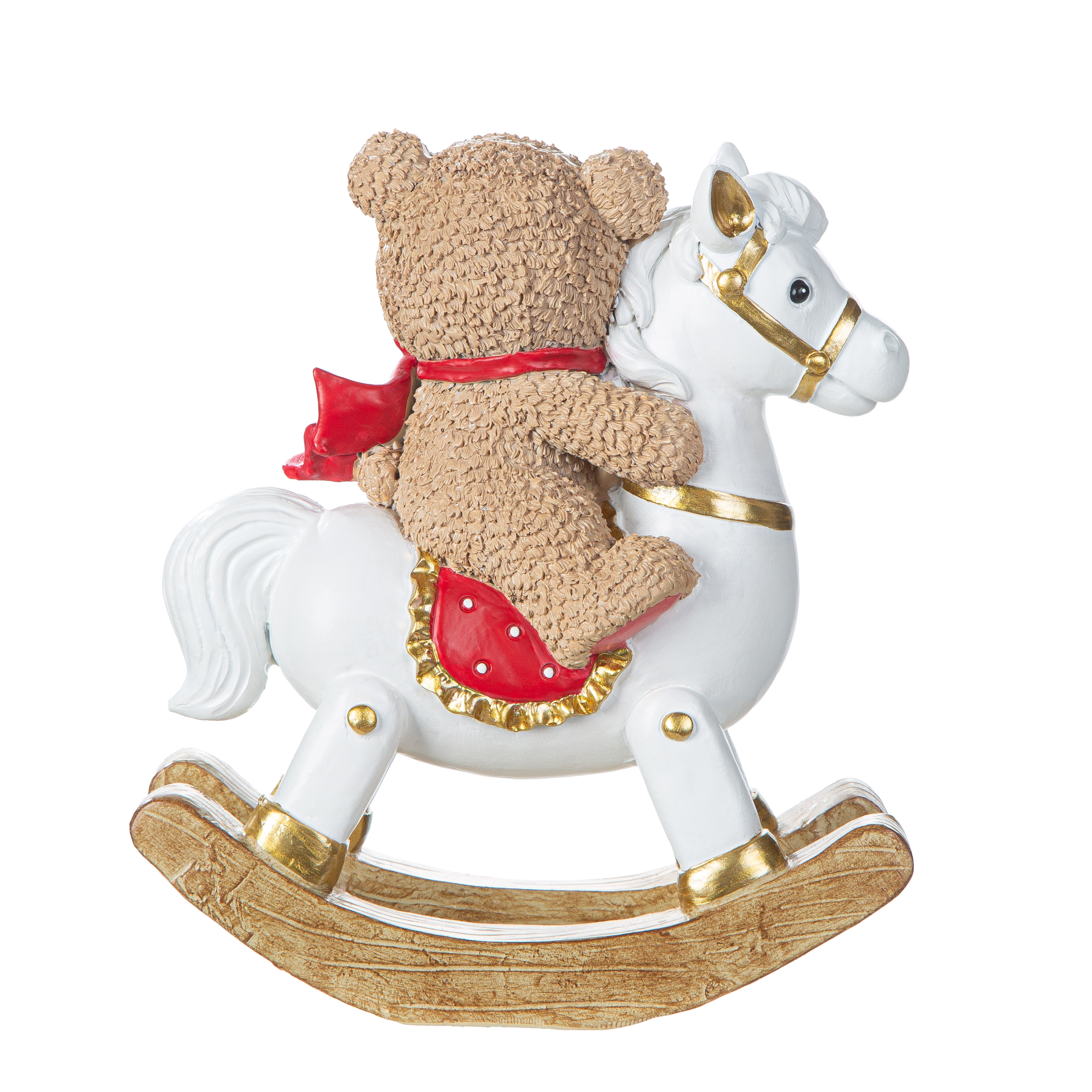 Deko Figur Yulebär Schaukelpferd 17,5cm Teddy Bear, Hobby Horse, RocKing Horse, Brauner Bären, Rotes Sattel