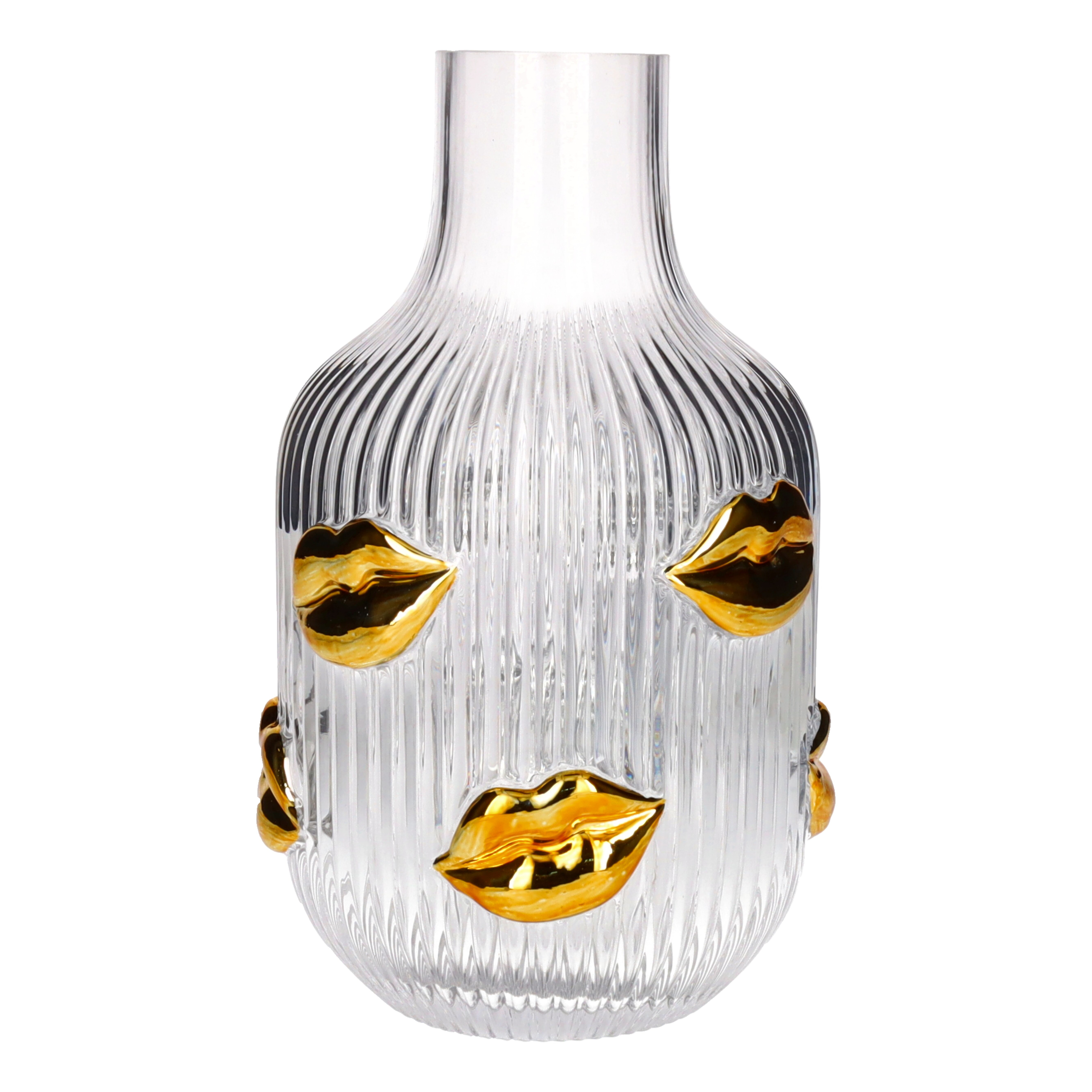 Vase, Glasvase, Rillendes Muster, Transparente Vase, Goldakzente