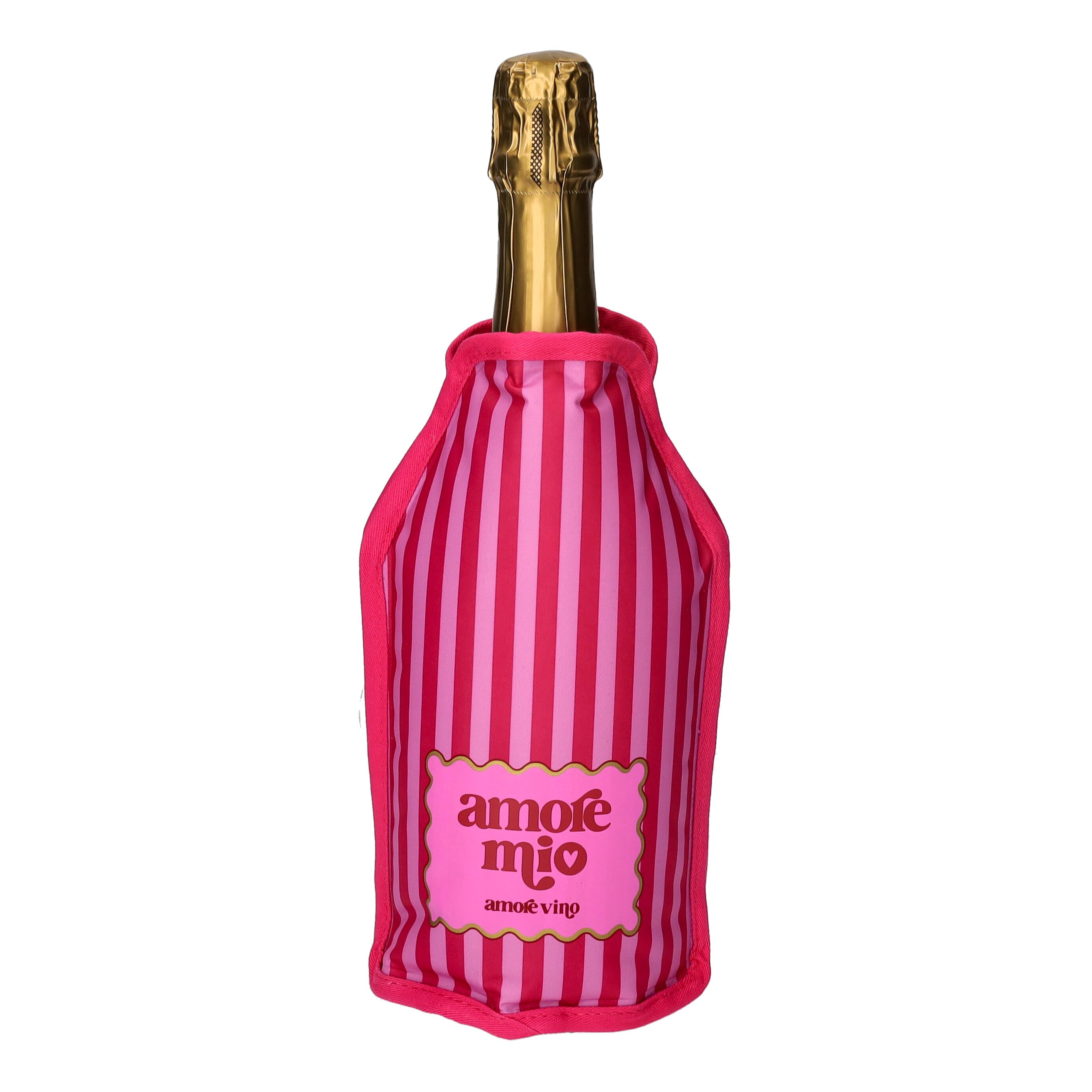 Sektflasche, Rosafarbene Streifen, Strand-/Partyllabel, Korkverschluss, AmoeVino-Brandunschrift