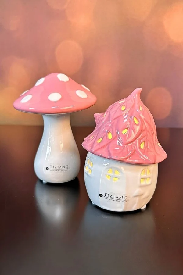pilz deko, rosa pilz, keramik figur, haus form, Tiziano design