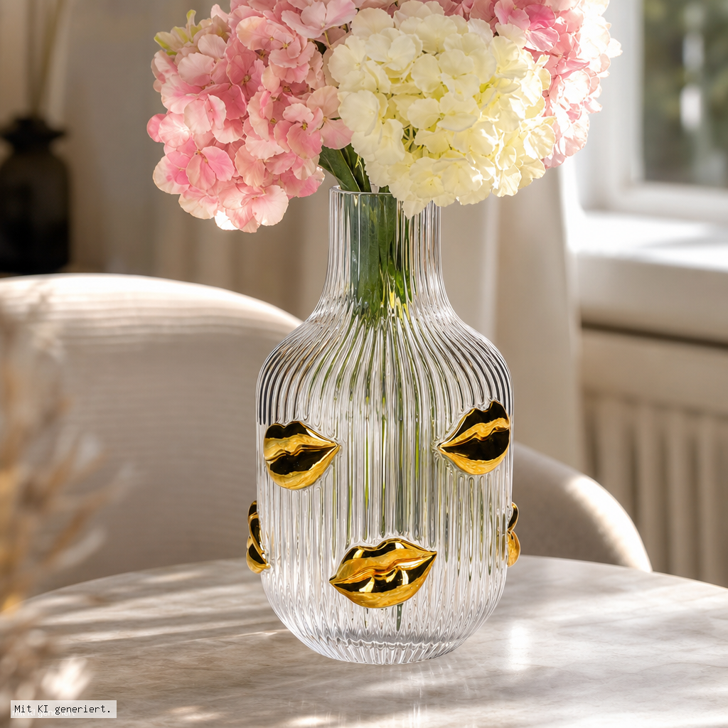 L´amour Vase mit goldenen Lippen, 25cm, transparent vaser vase, glasvase, goldene lippen deko, blumenvase, hydrangea